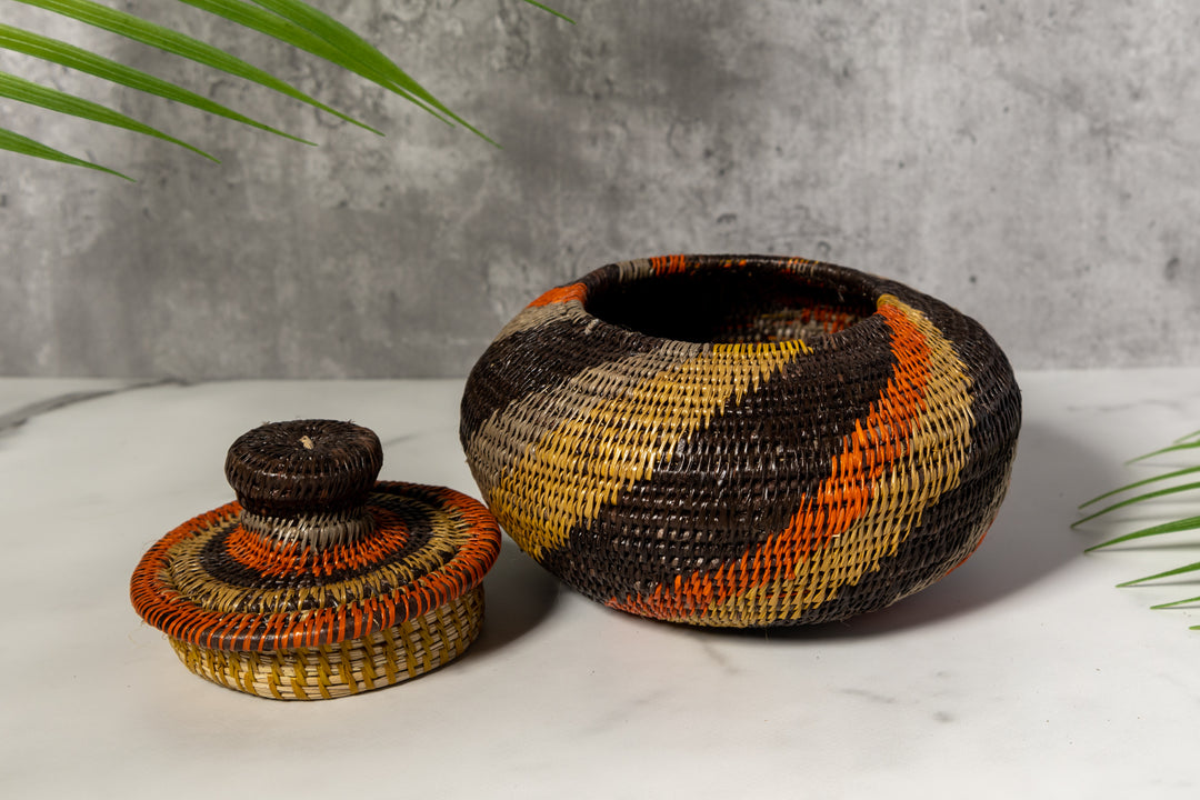 Black orange And Gray Woven Basket With Top