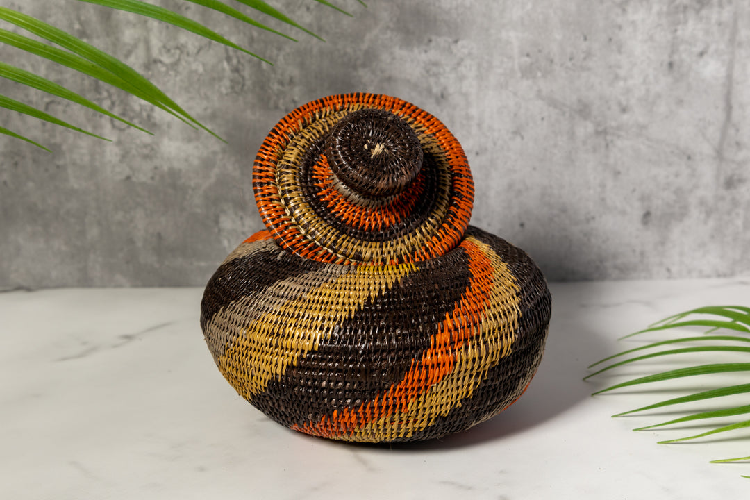 Black orange And Gray Woven Basket With Top