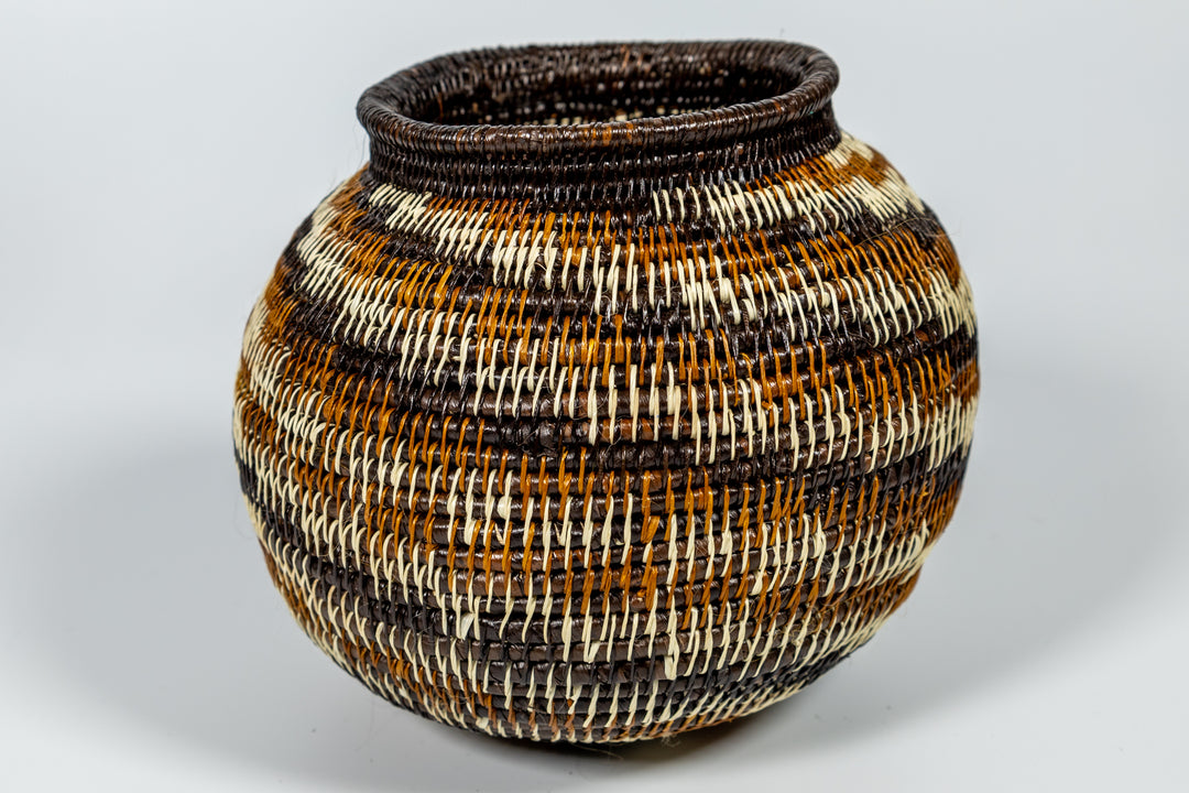 Brown Black White Spiral Woven Basket