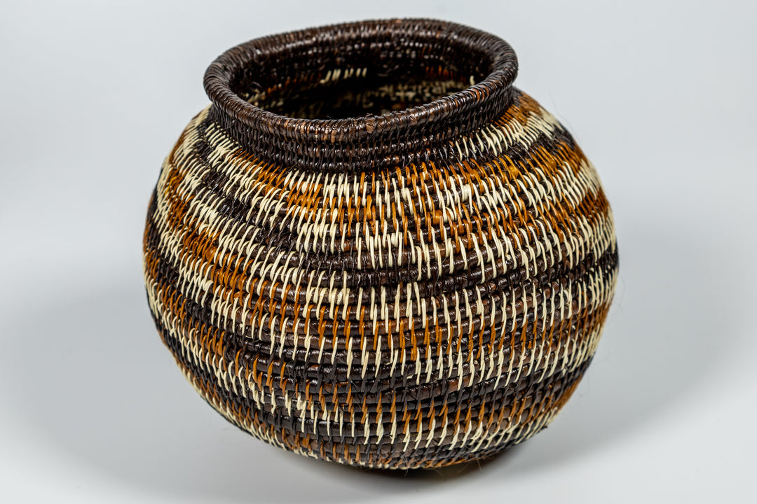Brown Black White Spiral Woven Basket