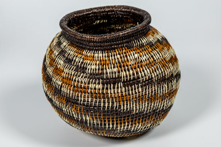 Brown Black White Spiral Woven Basket