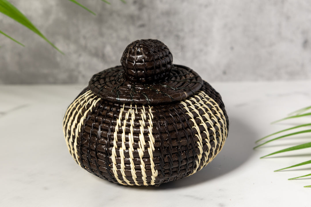 Black And White Woven Basket With Top