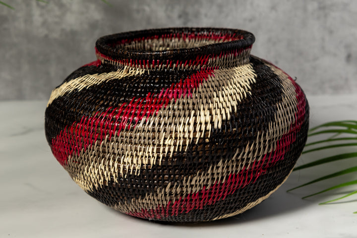Black White And Red Spiral Woven Basket