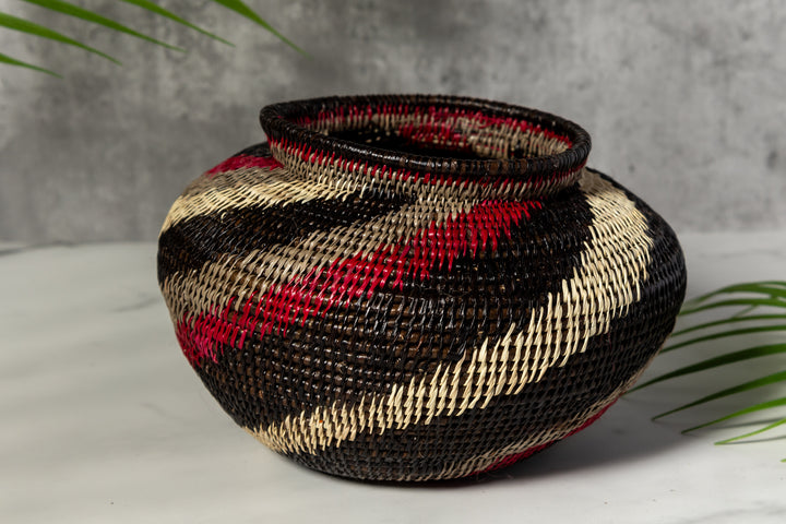 Black White And Red Spiral Woven Basket