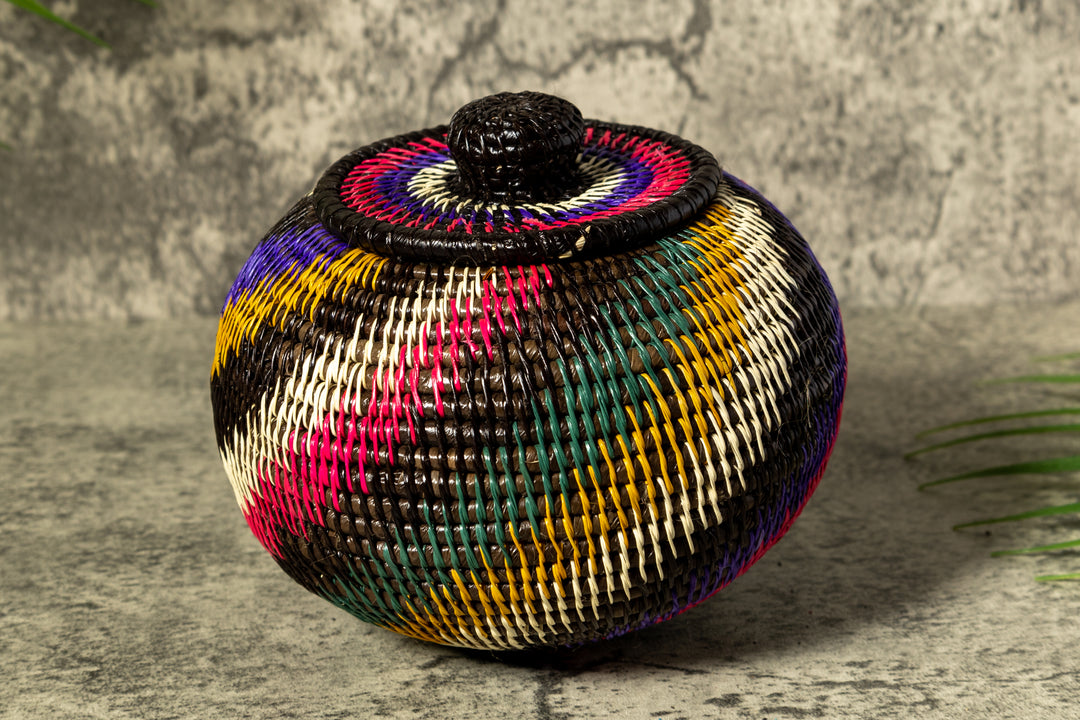 Rainforest Rainbow Swirl Woven Basket With Top