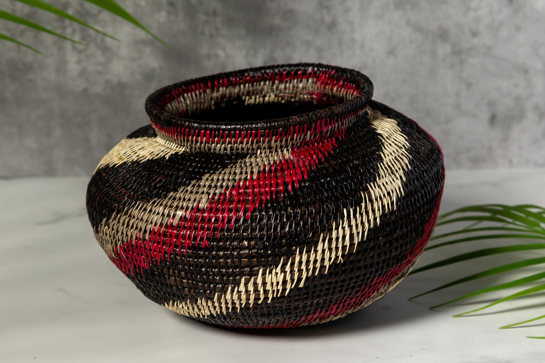 Black White And Red Spiral Woven Basket