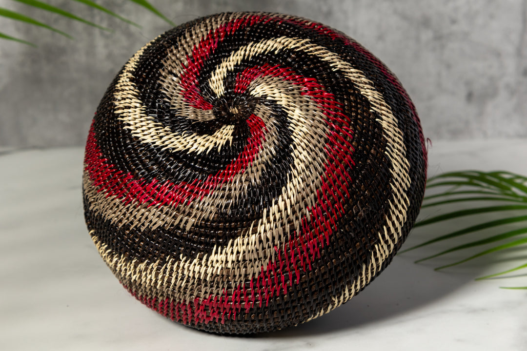 Black White And Red Spiral Woven Basket