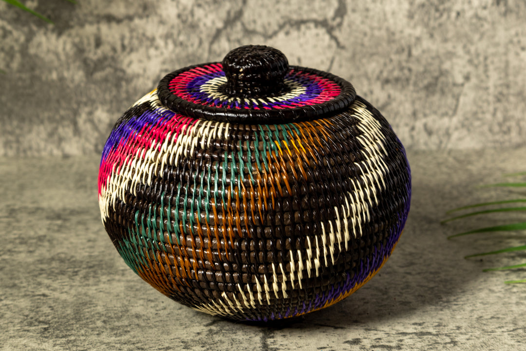 Rainforest Rainbow Swirl Woven Basket With Top