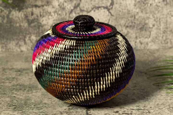Rainforest Rainbow Swirl Woven Basket With Top