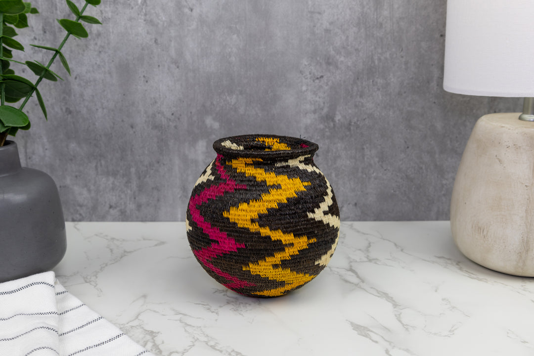 Black Burgundy and Gold Woven Basket