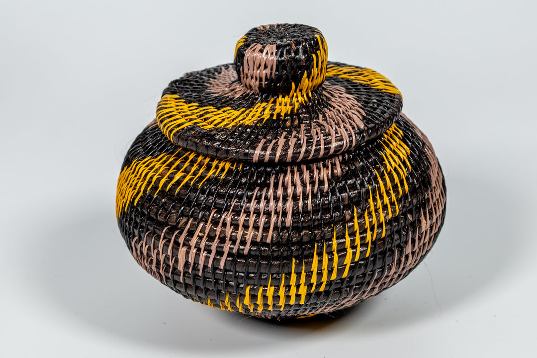 Black And Gold Swirl Woven Basket With Top