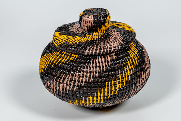 Black And Gold Swirl Woven Basket With Top