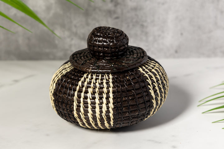 Black And White Woven Basket With Top