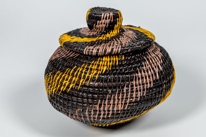 Black And Gold Swirl Woven Basket With Top