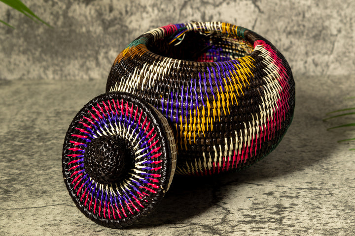 Rainforest Rainbow Swirl Woven Basket With Top