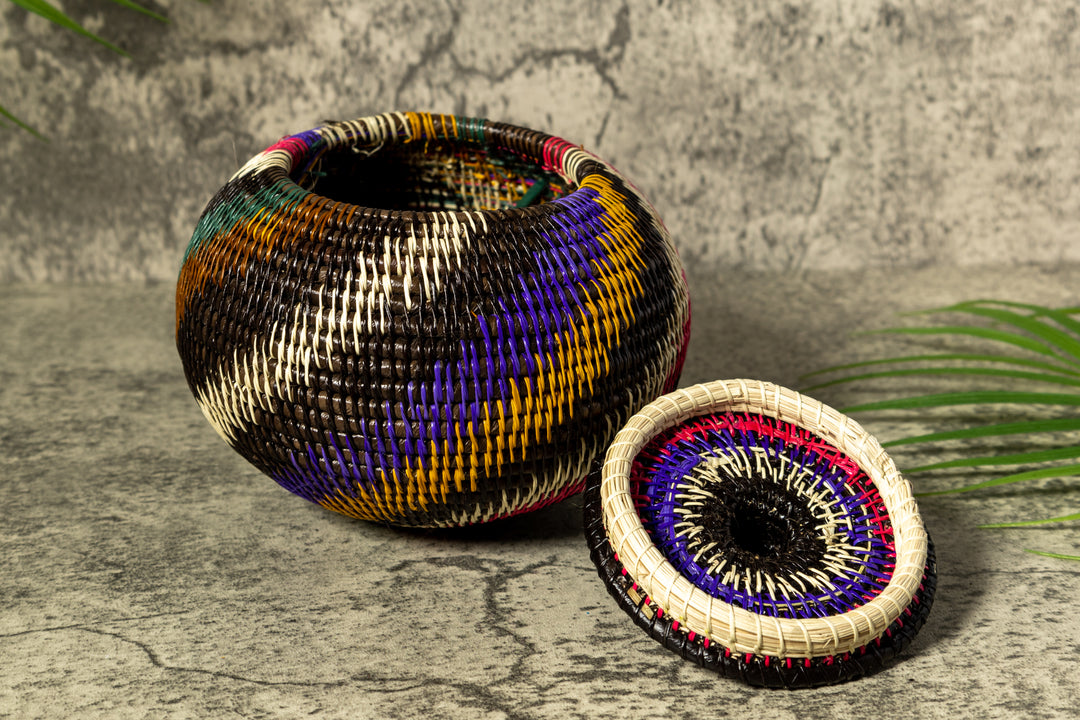 Rainforest Rainbow Swirl Woven Basket With Top