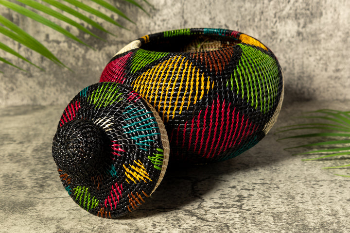 Rainbow Colors Fish Net Woven Basket With Top