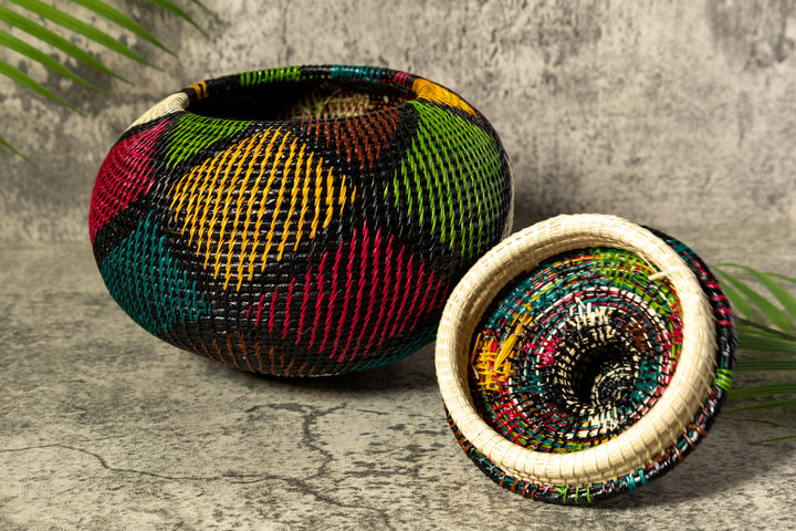 Rainbow Colors Fish Net Woven Basket With Top