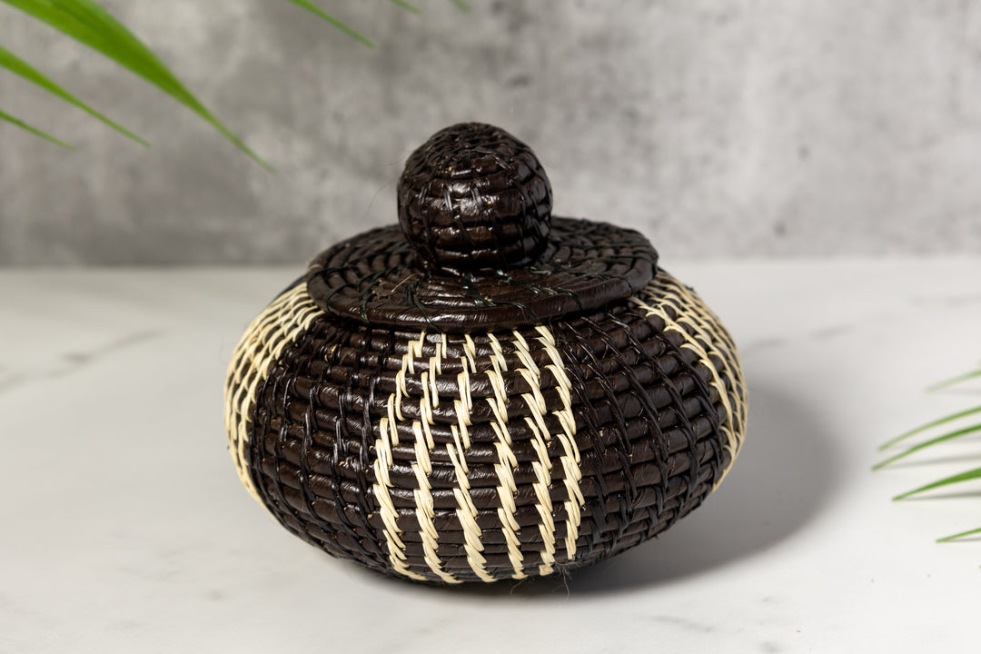 Black And White Woven Basket With Top