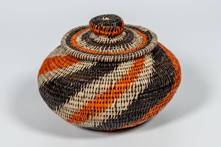 Black Orange And Gray Woven Basket With Top