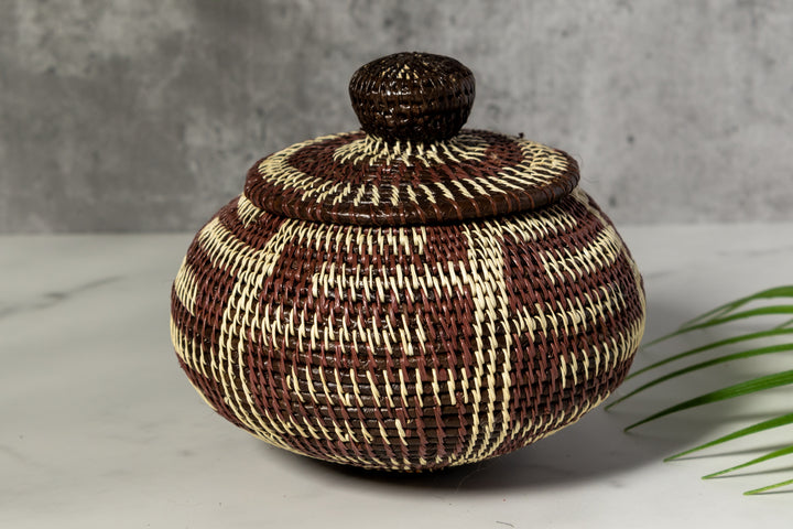 Brown And White Greek Key Woven Basket
