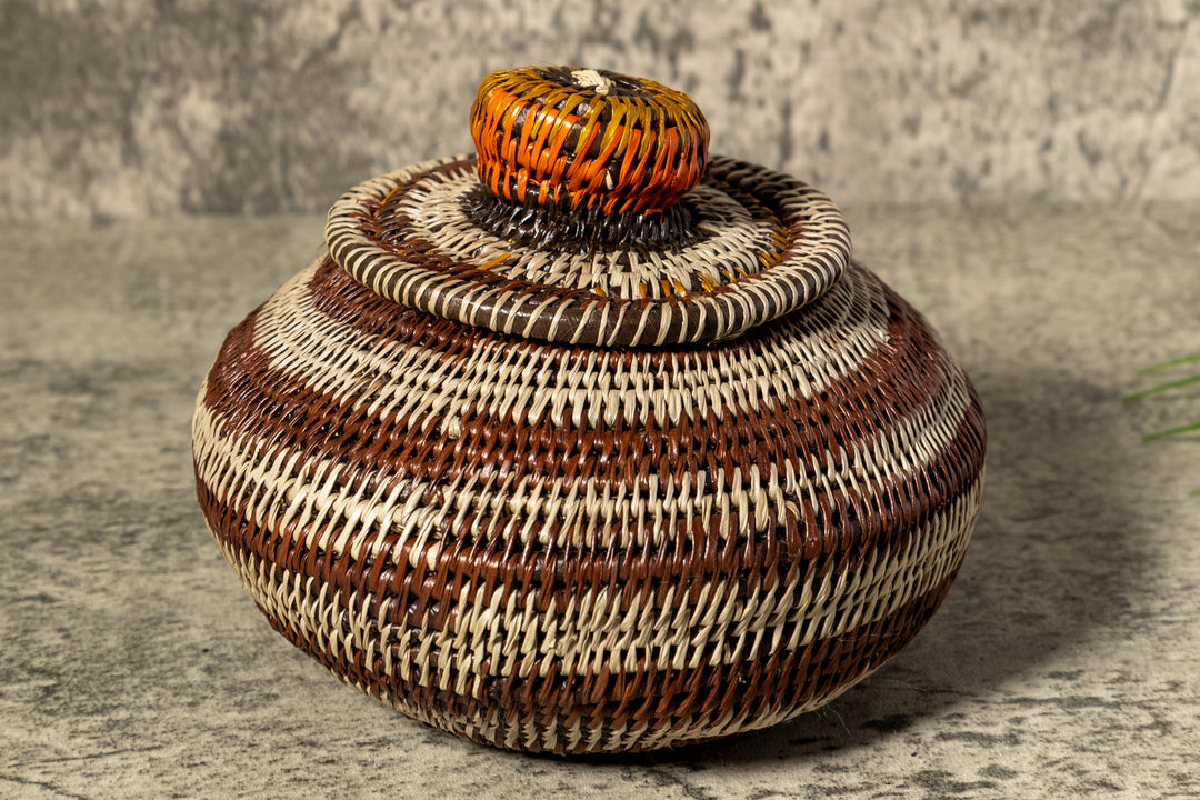 Brown And Gray Rings Woven Basket With Top