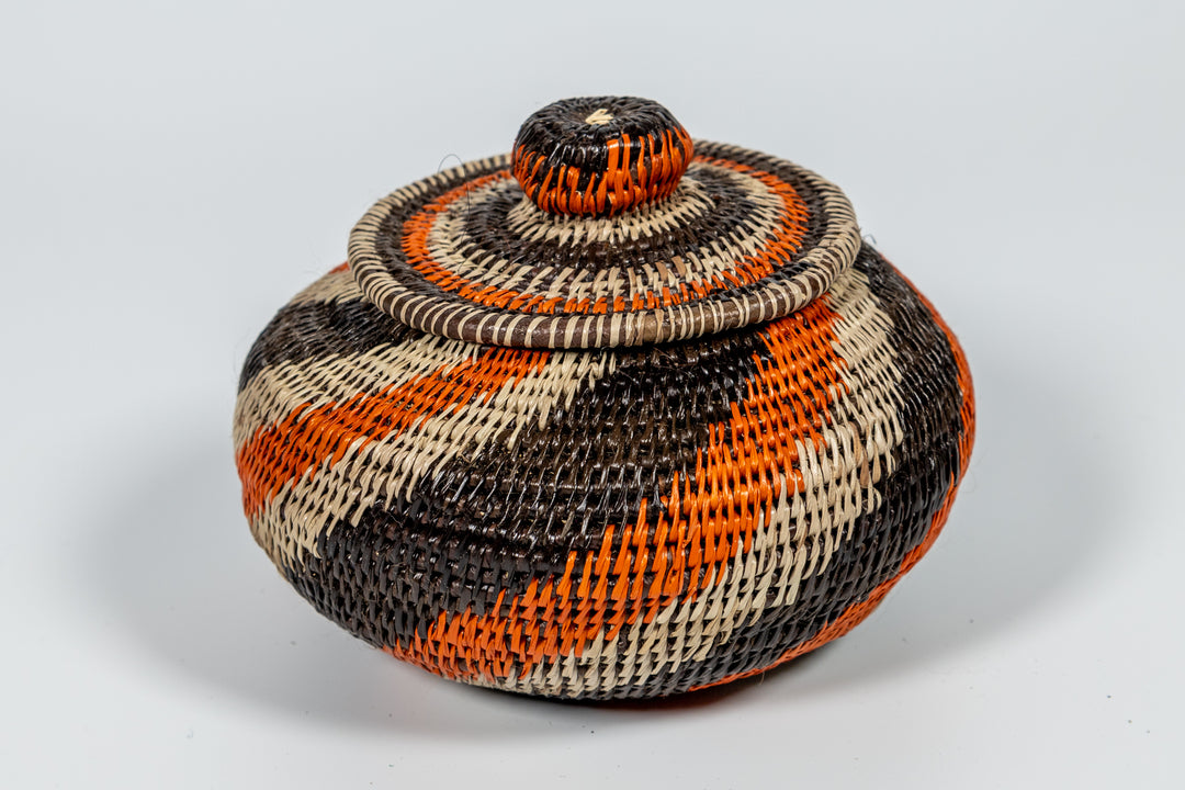Black Orange And Gray Woven Basket With Top