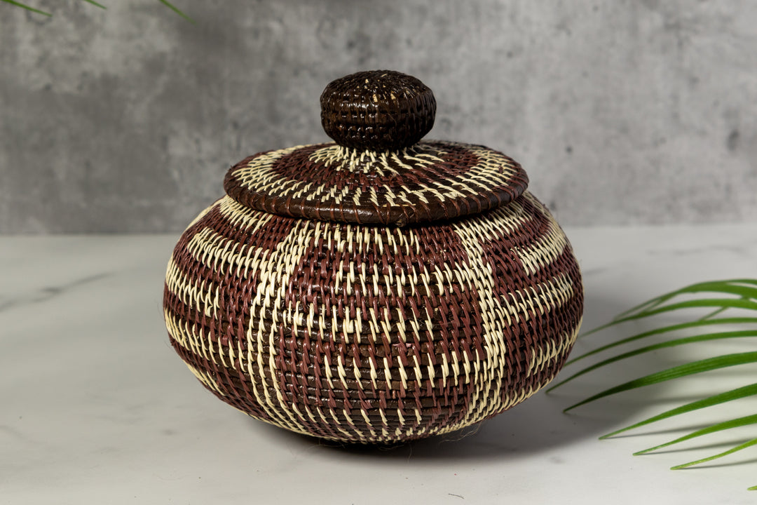 Brown And White Greek Key Woven Basket