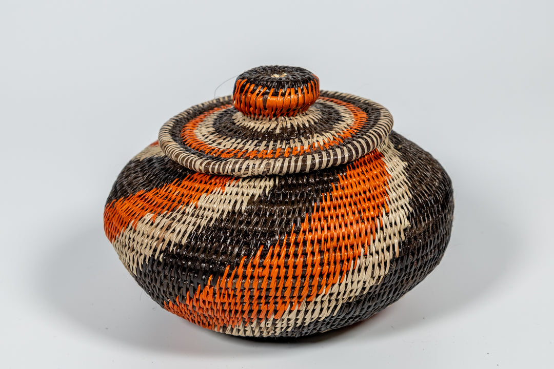 Black Orange And Gray Woven Basket With Top