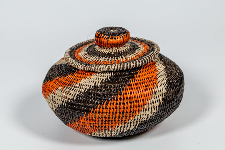 Black Orange And Gray Woven Basket With Top