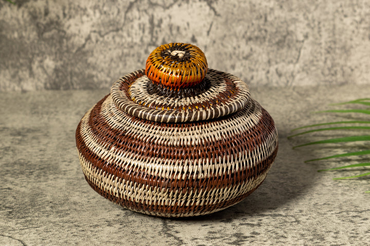 Brown And Gray Rings Woven Basket With Top