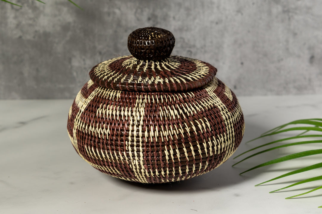 Brown And White Greek Key Woven Basket