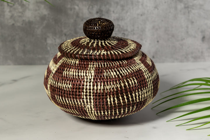 Brown And White Greek Key Woven Basket