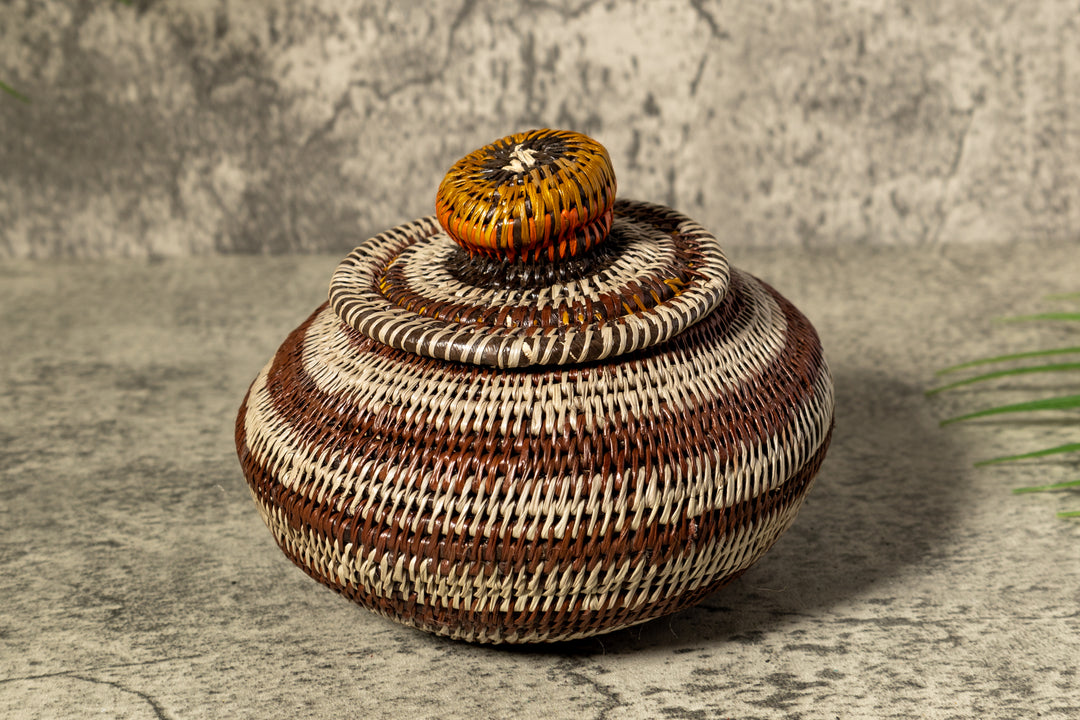 Brown And Gray Rings Woven Basket With Top
