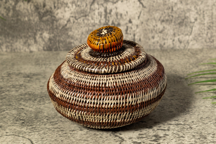 Brown And Gray Rings Woven Basket With Top