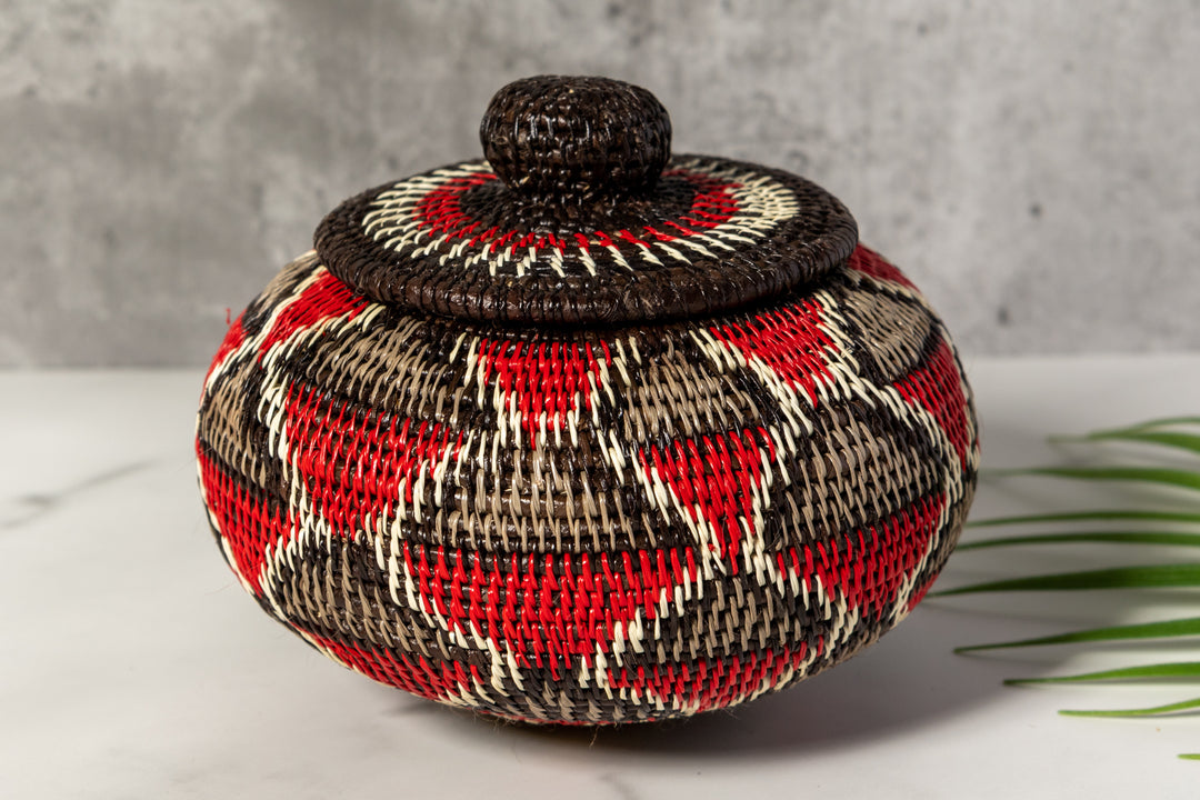 Red And Gray Woven Basket With Top