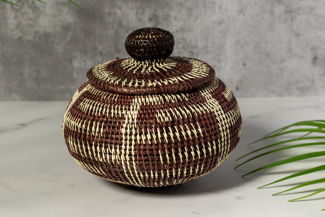 Brown And White Greek Key Woven Basket
