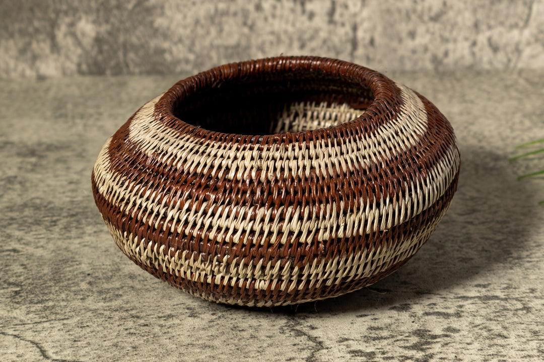 Brown And Gray Rings Woven Basket With Top
