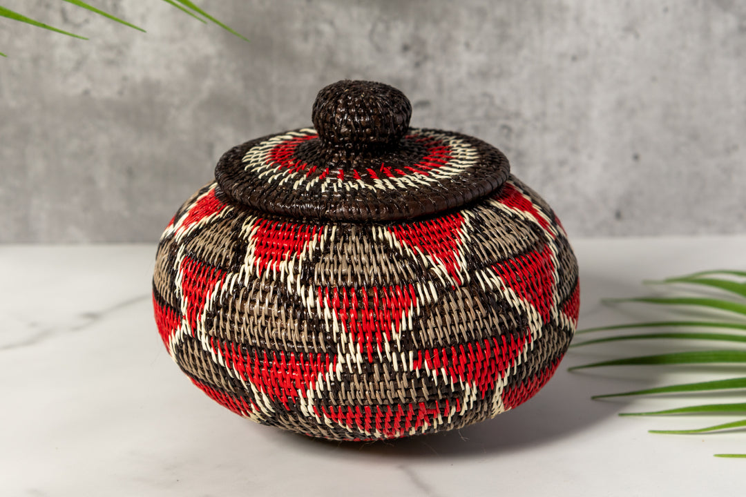 Red And Gray Woven Basket With Top