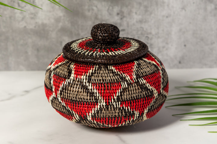 Red And Gray Woven Basket With Top