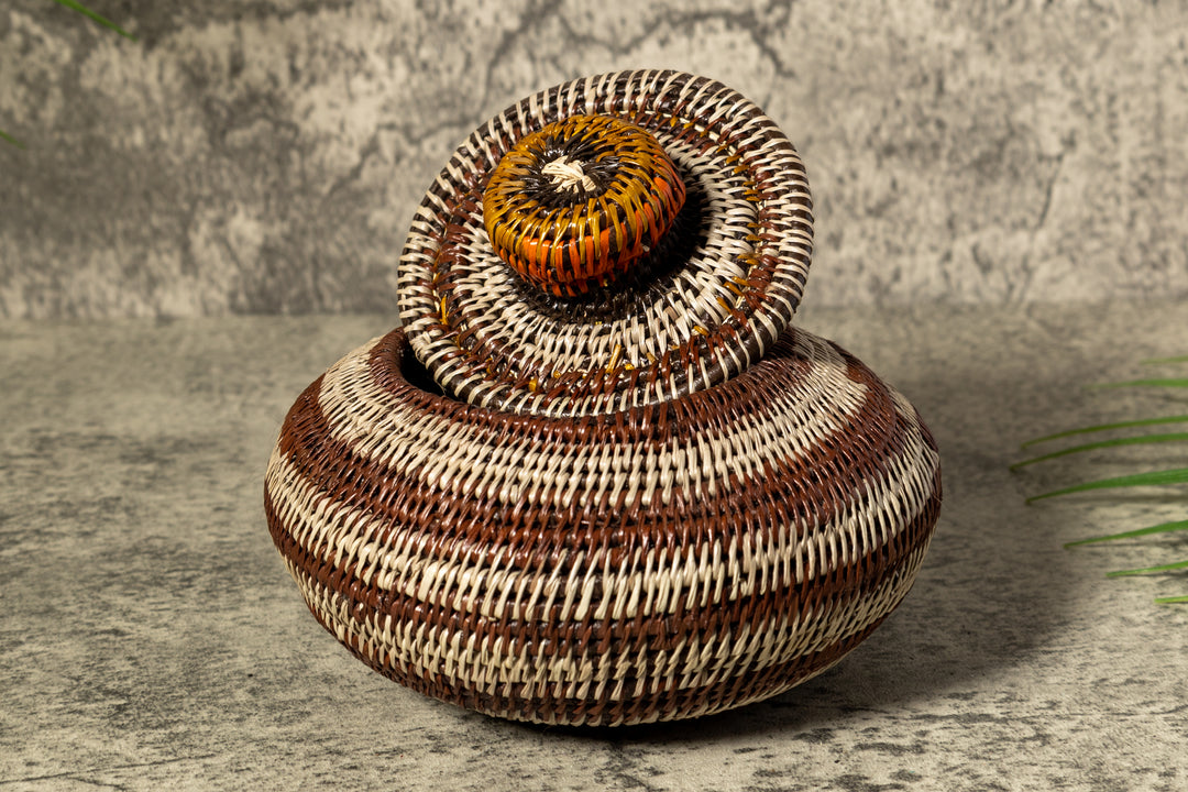 Brown And Gray Rings Woven Basket With Top