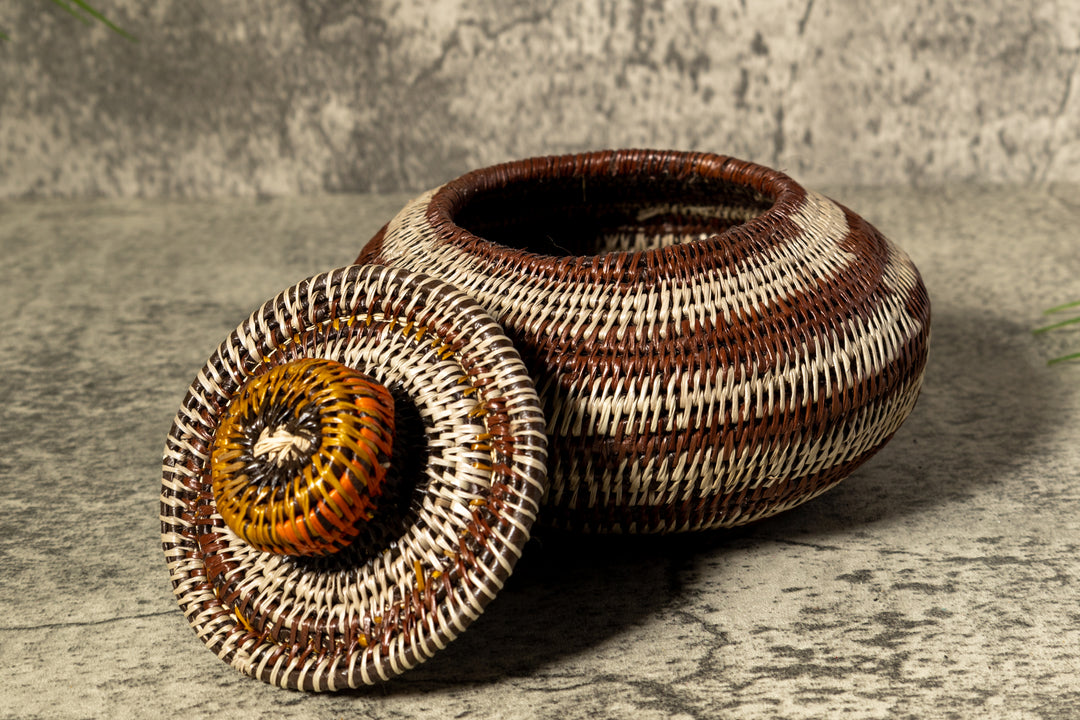 Brown And Gray Rings Woven Basket With Top