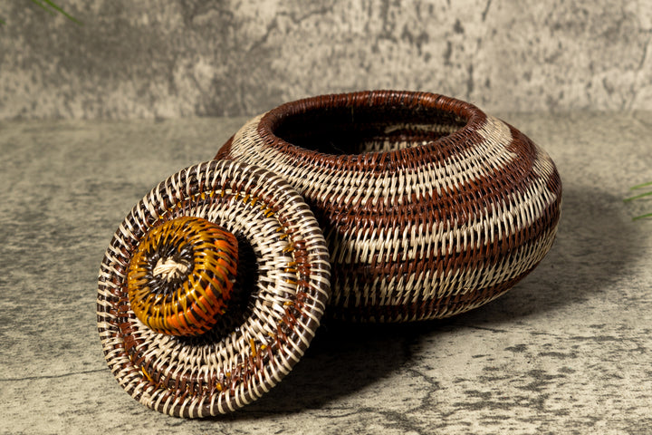 Brown And Gray Rings Woven Basket With Top