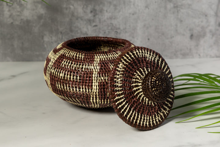 Brown And White Greek Key Woven Basket