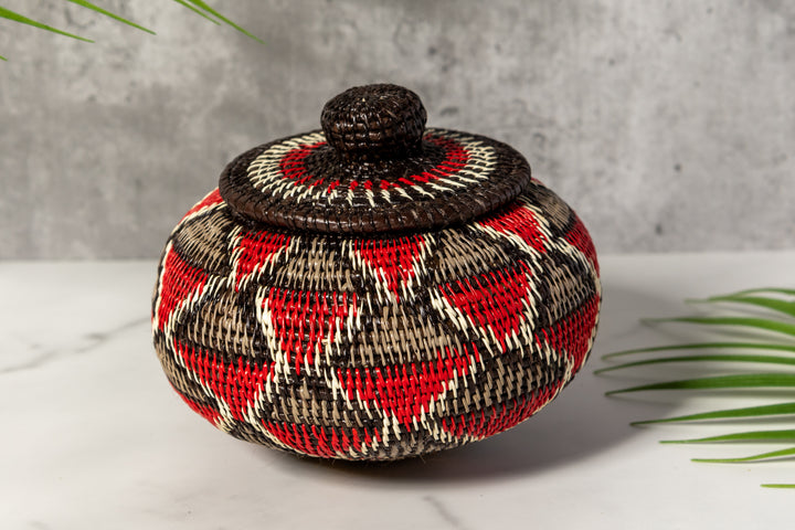 Red And Gray Woven Basket With Top