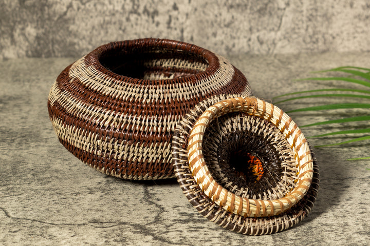 Brown And Gray Rings Woven Basket With Top