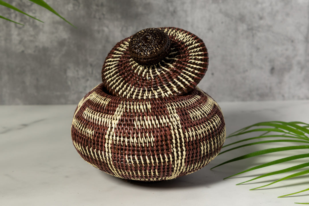 Brown And White Greek Key Woven Basket