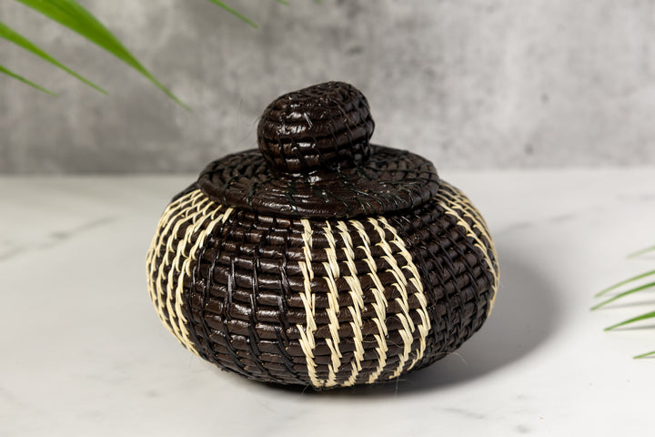 Black And White Woven Basket With Top
