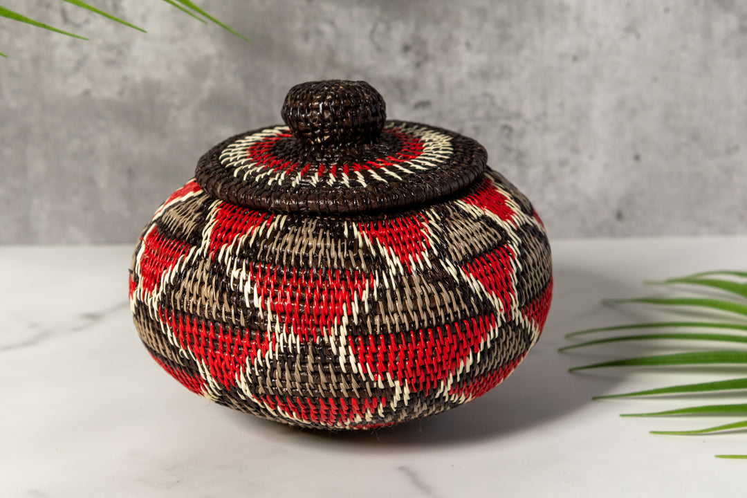 Red And Gray Woven Basket With Top