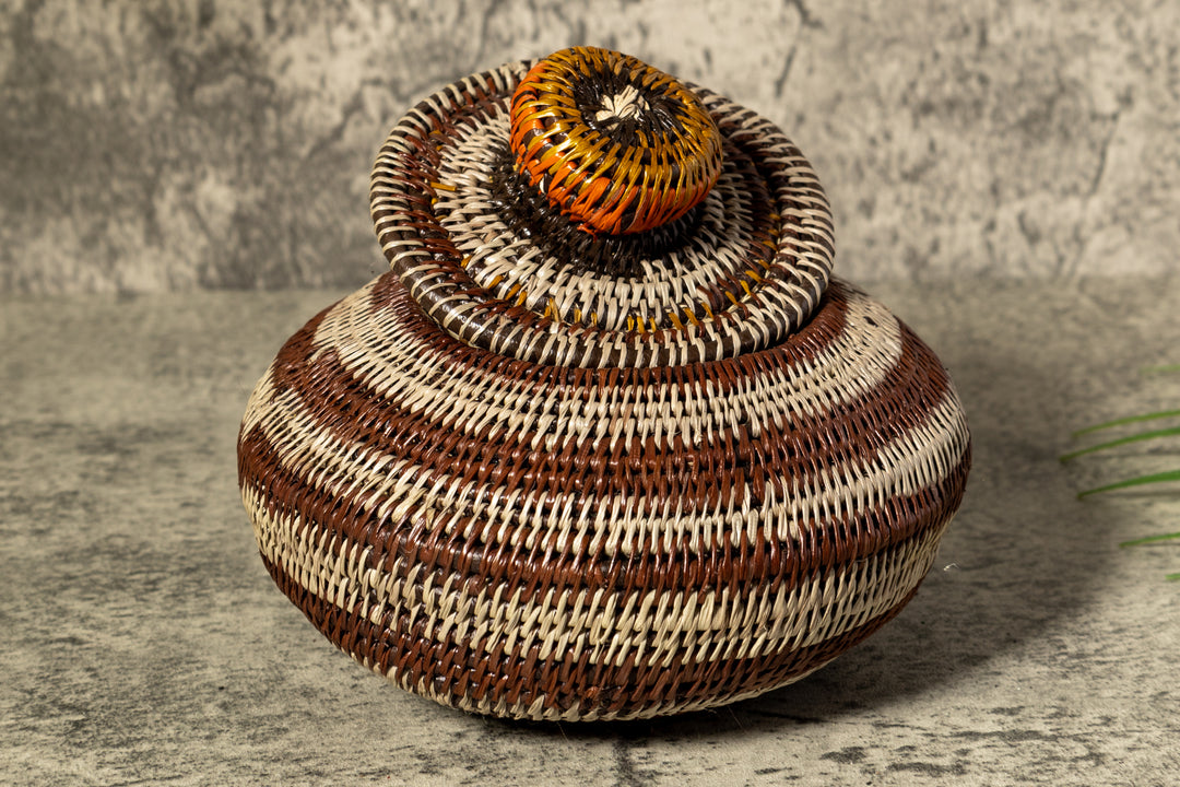 Brown And Gray Rings Woven Basket With Top